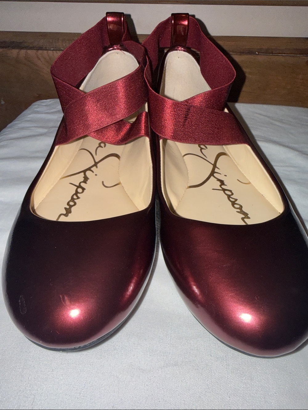 Jessica Simpson Metallic Burgundy Mary Jane Flats with Crisscross Elastic - Picture 4 of 5